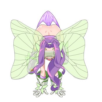 1girl absurdres ass belt bikini boots butterfly_hair_ornament butterfly_wings commentary_request covered_eyes digimon digimon_(creature) dimples_of_venus elbow_gloves facial_mark fairimon garter_straps gerusyu gloves hair_ornament hairband hanging_wedgie head-mounted_display highres insect_wings long_hair open_mouth parted_bangs purple_arm_warmers purple_belt purple_bikini purple_boots purple_hair purple_hairband shoulder_pads solo swimsuit teeth thigh_boots wedgie white_gloves wings