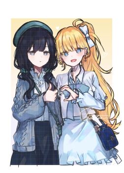 Rule 34 | 2girls, :d, airota, beret, black hair, black skirt, blonde hair, blue bag, blue eyes, blue ribbon, blue skirt, book off, cardigan, closed mouth, collared shirt, commentary request, earrings, green hat, grey cardigan, hat, heart hands failure, highres, jewelry, kurobe nanoka, long hair, long sleeves, looking at viewer, low twintails, mahou shoujo no majo saiban, multiple girls, neck ribbon, official alternate costume, official alternate hairstyle, open cardigan, open clothes, open mouth, ribbon, saeki miria, shirt, side ponytail, skirt, smile, thumbs up, twintails, white shirt
