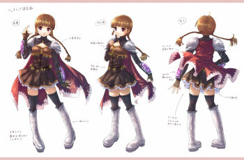 1girl alchemist_(ragnarok_online) blunt_bangs blush boots braid brown_hair reference_sheet coat corset dress fantasy genetic genetic_(ragnarok_online) hime_cut long_hair original ragnarok_online red_eyes skirt smile thighhighs twin_braids twintails yakka zettai_ryouiki