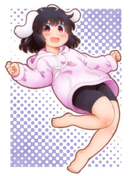 Rule 34 | 1girl, alternate costume, animal ears, barefoot, bike shorts, black hair, black shorts, blush, commentary request, floppy ears, full body, highres, hood, hoodie, inaba tewi, long sleeves, looking at viewer, matty (zuwzi), open mouth, pink hoodie, rabbit ears, rabbit girl, red eyes, shorts, smile, solo, toes, touhou