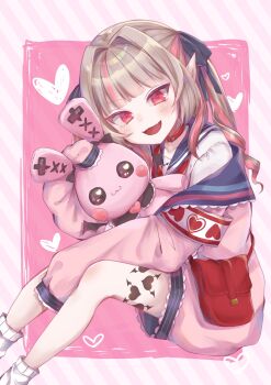 1girl amaidayo armband bag belt_collar blue_ribbon blue_sailor_collar blunt_bangs blush collar colored_inner_hair commentary debitto_(makaino_ririmu) drill_hair fang feet_out_of_frame from_side grey_hair hair_intakes hair_over_shoulder hair_ribbon handbag headpat heart highres hugging_doll hugging_object jacket knees_up leg_tattoo long_hair looking_at_viewer loose_socks makaino_ririmu makaino_ririmu_(4th_costume) multicolored_hair neckerchief nijisanji off_shoulder on_floor open_clothes open_jacket open_mouth pink_background pink_hair pink_jacket pink_streaks pointy_ears red_bag red_collar red_eyes red_neckerchief ribbon sailor_collar school_uniform serafuku shirt shoulder_bag sidelocks sitting sleeves_past_fingers sleeves_past_wrists smile socks solo streaked_hair stuffed_animal stuffed_rabbit stuffed_toy symbol-only_commentary tattoo two-tone_hair two_side_up virtual_youtuber white_shirt white_socks winged_heart winged_heart_tattoo