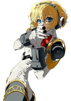 1girl absurdres aigis_(persona) android blonde_hair blue_eyes bow bowtie hair_between_eyes hairband highres joints persona persona_3 robot_joints s.e.e.s short_hair simple_background white_background yang_gallae