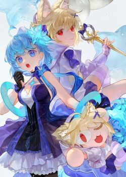 3girls ahoge animal_ear_fluff animal_ears arcueid_brunestud bare_shoulders black_dress black_gloves black_pantyhose blonde_hair blue_dress blue_eyes blue_hair blue_skirt bow breasts c.i.e.l_(fate) star_ciel_(fate) cat_ears ciel_(tsukihime) cleavage cleavage_cutout clothing_cutout crescent crescent_hair_ornament crown daeraeband dress fate/grand_order fate_(series) fingerless_gloves floating_crown flower gloves hair_flower hair_ornament highres hood hooded_jacket jacket large_breasts long_sleeves looking_at_viewer miniskirt multiple_girls neco-arc one_eye_closed pantyhose phantas-moon phantas-moon_(second_ascension) purple_gloves purple_thighhighs red_eyes short_hair skirt striped_clothes striped_gloves striped_thighhighs thighhighs thighs two-tone_dress white_jacket
