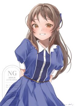 Rule 34 | 1girl, absurdres, arms behind back, blue dress, blush, breasts, brown hair, collared dress, dress, half updo, highres, idolmaster, idolmaster cinderella girls, jibika (jbk sb), long hair, looking at viewer, pleated dress, puffy short sleeves, puffy sleeves, revision, short sleeves, simple background, small breasts, smile, solo, tachibana arisu, watermark, white background
