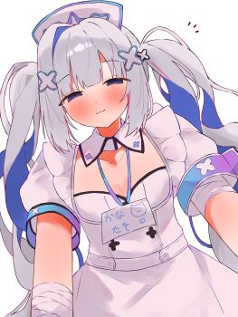 1girl absurdres amane_kanata amane_kanata_(nurse) bandaged_arm bandages blue_hair blush breasts closed_mouth collar commentary_request detached_collar dress grey_hair hat highres hololive id_card long_hair looking_at_viewer nurse_cap official_alternate_costume purple_eyes small_breasts solo tepenchi twintails very_long_hair virtual_youtuber white_collar white_dress