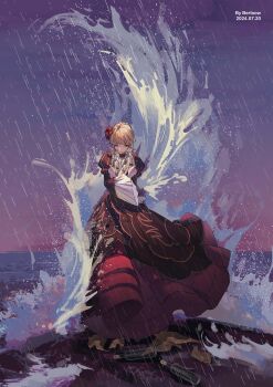 1girl absurdres beatrice_(umineko) blonde_hair blue_eyes bottle brown_dress dated dress floating_clothes flower frilled_sleeves frills frown full_body hair_flower hair_ornament highres holding holding_bottle looking_at_viewer message_in_a_bottle ocean paper rain red_dress red_flower red_rose rose solo straight-on umineko_no_naku_koro_ni unhappyamber waves wide_sleeves yellow_trim