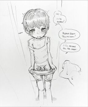 2boys clothes_pull commentary english_commentary english_text graphite_(medium) highres imminent_rape male_focus monochrome multiple_boys original parted_lips penis renocoffee short_hair shorts shorts_pull shota small_penis solo_focus speech_bubble tearing_up traditional_media uncensored very_short_hair