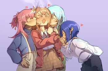 >_< 4girls affectionate_harem blue_hair blue_sweater blush brown_skirt cardigan commentary emotsper english_commentary hanasato_minori hand_on_own_hip head_steam heart highres hinomori_shizuku holding_hands kiritani_haruka kiss kissing_cheek kissing_hand long_hair momoi_airi more_more_jump!_(project_sekai) multiple_girls open_mouth orange_hair pink_hair project_sekai purple_background red_cardigan shirt short_hair simple_background skirt smile suspender_skirt suspenders sweater white_shirt white_skirt yuri