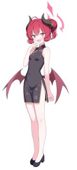 1girl :d absurdres ahoge alternate_costume alternate_hairstyle arm_at_side bare_shoulders black_dress black_horns black_shoes blue_archive blunt_sidelocks blush breasts china_dress chinese_clothes chinese_commentary commentary_request covered_navel curled_fingers demon_horns double-parted_bangs dress fang full_body hair_between_eyes hair_bun halo hand_up high_heels highres horns junko_(blue_archive) jyt legs_together looking_at_viewer open_mouth pelvic_curtain pink_eyes pink_halo pointy_ears red_hair second-party_source shoes short_hair side_slit sidelocks simple_background skin_fang sleeveless sleeveless_dress slit_pupils small_breasts smile solo standing tachi-e transparent_background v-shaped_eyebrows