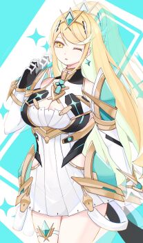 Rule 34 | 1girl, blue background, breasts, chest jewel, cleavage, cleavage cutout, clothing cutout, commentary request, core crystal (xenoblade), cowboy shot, dress, earrings, highres, hip vent, jewelry, large breasts, long hair, looking at viewer, mh7471778854146, microdress, mythra (xenoblade), one eye closed, shirt, simple background, solo, tiara, white dress, white shirt, xenoblade chronicles (series), xenoblade chronicles 2, yellow eyes