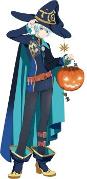 Rule 34 | 1boy, adjusting clothes, adjusting headwear, aqua cape, artist request, belt, black cape, black pants, blue boots, blue hair, blue hat, boots, brown belt, cape, full body, game cg, gold trim, gradient hair, halloween, halloween costume, hat, highres, holding, holding pumpkin, jack-o'-lantern, looking at viewer, mikleo (halloween) (tales), mikleo (tales), multicolored hair, official alternate costume, official art, pants, pumpkin, purple eyes, short hair, solo, standing, tales of (series), tales of asteria, tales of zestiria, third-party source, transparent background, two-tone cape, two-tone hair, white hair, wizard, wizard hat