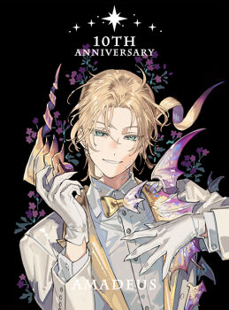 1boy anniversary black_background blonde_hair bow bowtie character_name chinese_commentary coat collared_shirt colored_lapels commentary_request english_text fate/grand_order fate_(series) flower gloves green_eyes hand_on_own_chest hands_up holding holding_mask lapels looking_at_viewer male_focus mask parted_bangs parted_lips purple_flower scales shirt short_hair simple_background smile solo star_(symbol) starshadowmagician unworn_mask upper_body white_coat white_gloves white_scales white_shirt wolfgang_amadeus_mozart_(celebratory_attire)_(fate) wolfgang_amadeus_mozart_(fate) yellow_bow yellow_bowtie yellow_mask