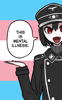 1girl black_hair black_hat fang flag_background hat highres jacket koalakanru lapels looking_at_viewer military_hat military_uniform nazi open_mouth original peaked_cap red_eyes reichsadler short_hair solo speech_bubble ss_insignia ss_uniform sven_hoffmann swastika talking transgender_flag truth waffen-ss