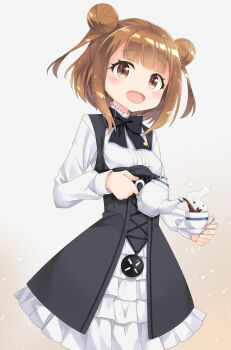 10s 1girl :d beatrice_(princess_principal) brown_eyes brown_hair cup double_bun female_focus hair_bun highres looking_at_viewer open_mouth pouring princess_principal school_uniform smile solo standing teacup teapot xuan_chu