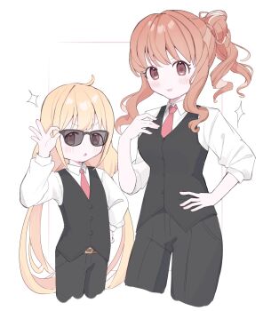 Rule 34 | 2girls, adjusting eyewear, belt, black jacket, black pants, blonde hair, commentary request, cowboy shot, feet out of frame, formal clothes, futaba anzu, highres, idolmaster, idolmaster cinderella girls, jacket, long hair, mdi 2000, moroboshi kirari, multiple girls, necktie, orange hair, pant suit, pants, red necktie, shirt, simple background, size difference, suit, sunglasses, very long hair, white shirt