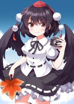 Rule 34 | 1girl, black hair, black ribbon, black skirt, black socks, black wings, blue sky, blush, breasts, buttons, camera, closed mouth, cloud, collared shirt, commentary request, completion time, cowboy shot, feathered wings, frilled skirt, frills, hair between eyes, hand fan, hat, hauchiwa, highres, holding, holding camera, holding fan, kneehighs, looking at viewer, medium breasts, neck ribbon, pom pom (clothes), red eyes, red hat, ribbon, ruu (tksymkw), shameimaru aya, shirt, short hair, short sleeves, skirt, sky, smile, socks, solo, tokin hat, touhou, untucked shirt, white shirt, wings