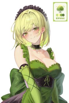 Rule 34 | 1girl, absurdres, apron, black choker, black headdress, blush, bow, breasts, choker, cleavage, closed mouth, color guide, commentary, criss-cross strings, detached sleeves, dress, dress bow, english commentary, frilled apron, frilled choker, frilled dress, frilled headwear, frills, green apron, green bow, green dress, green eyes, green hair, green theme, hair intakes, head tilt, highres, jinnnnnn23, large breasts, long sleeves, looking at viewer, maid, maid apron, maid headdress, original, short hair, sidelocks, simple background, smile, solo, standing, white background