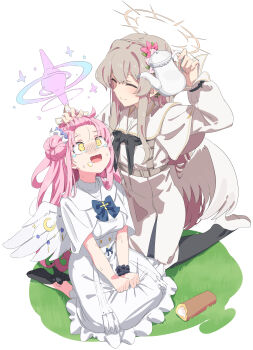 2girls absurdres bangs_held_back black_neckerchief black_scrunchie black_shoes blue_archive blush brown_hair closed_eyes closed_mouth commentary_request cream cream_on_face crying crying_with_eyes_open csham dress evil_smile food food_on_face forehead grabbing_another's_hair hair_bun hair_ornament hair_scrunchie halo high_heels highres holding holding_another's_hair holding_teapot kneeling long_hair low_wings mika_(blue_archive) multiple_girls nagisa_(blue_archive) neckerchief pink_hair purple_halo scared scrunchie seiza shoes single_side_bun sitting smile teapot tears white_dress white_scrunchie white_shoes white_wings wings yellow_eyes yellow_halo