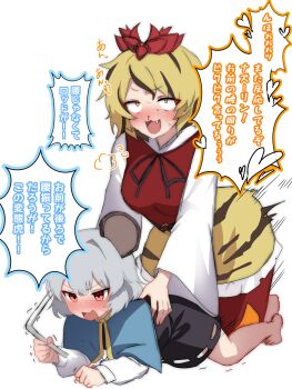 2girls animal_ears animal_print aroused_nosebleed black_dress black_hair black_ribbon blonde_hair blood blue_capelet blush capelet commentary_request dress embarrassed fang grey_hair highres long_sleeves lying makida_16 massage medium_hair mouse_ears mouse_girl multicolored_hair multiple_girls nazrin neck_ribbon nosebleed on_stomach open_mouth red_dress red_eyes ribbon shirt speech_bubble sweat tiger_print toramaru_shou touhou translation_request two-tone_hair white_shirt yellow_eyes yuri
