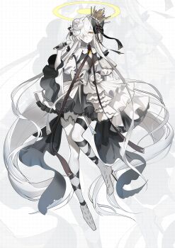 Rule 34 | 1girl, absurdres, alternate costume, asymmetrical legwear, black bow, black ribbon, blue archive, bow, breasts, colored skin, commentary request, flower, full body, gloves, grid background, hair bow, hair flower, hair ornament, hair over one eye, halo, hand up, highres, holding, holding microphone, idol, idol clothes, konattang, layered skirt, leg ribbon, long hair, long ribbon, looking at viewer, malkuth (blue archive), microphone, parted lips, ribbon, skirt, small breasts, solo, symbol-shaped pupils, very long hair, white flower, white gloves, white hair, white skin, x-shaped pupils, yellow eyes, yellow halo, zoom layer