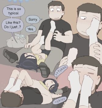 1boy 1other angel_martinez bed bed_sheet blush brown_hair clinical_trial_(game) feet_on_another&#039;s_chest feet_on_another&#039;s_face feet_on_mouth holding_another&#039;s_foot holding_another&#039;s_legs homunculus100 lee_smith pillow purple_hair shirt shorts socks speech_bubble stuffed_animal stuffed_rabbit stuffed_toy tickling tickling_feet upside-down yellow_shirt