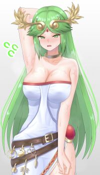 1girl absurdres arm_behind_head armpits bare_arms bare_shoulders belt breasts brown_belt cleavage collarbone commentary_request cowboy_shot dress flying_sweatdrops green_eyes green_hair grey_hair highres jewelry kid_icarus kid_icarus_uprising large_breasts long_hair looking_at_viewer meipasuye neck_ring nintendo no_necklace palutena parted_bangs parted_lips solo standing strapless strapless_dress very_long_hair white_dress