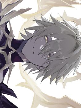 Rule 34 | 1boy, black shirt, collared shirt, hair between eyes, halo, halo behind head, highres, honkai: star rail, honkai (series), iota 1600, looking at viewer, male focus, official alternate hair color, parted lips, phainon (honkai: star rail), phainon (khaslana) (honkai: star rail), shirt, sideways, solo, white background, yellow eyes