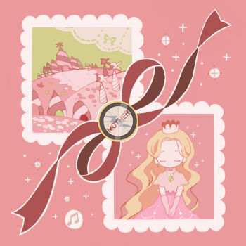 1girl blonde_hair closed_eyes commentary_request copyright_name crown dress franklin_badge gloves highres long_hair magicant mother_(series) mother_1 musical_note nintendo pink_background pink_dress pink_gloves queen_mary ribbon solo tanba_(tanba-art) very_long_hair