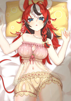 1girl absurdres animal_ears babydoll black_hair blue_eyes braid breasts cleavage hakos_baelz hakos_baelz_(strawberry_onesie) highres hololive hololive_english large_breasts lying mouse_ears mouse_girl mouse_tail multicolored_hair navel nyang-kaz official_alternate_costume official_alternate_hairstyle on_back pajamas pillow pink_babydoll polka_dot polka_dot_pajamas red_hair solo tail virtual_youtuber white_hair