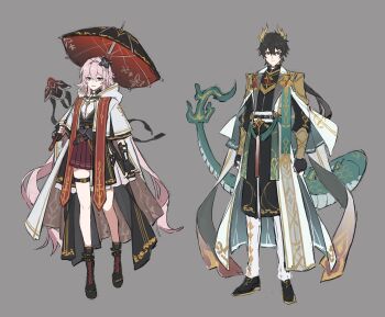 Rule 34 | 1boy, 1girl, absurdres, alternate costume, alternate form, armor, belt, black belt, black boots, black flower, black gloves, black hair, black shirt, black shoes, black vest, blue cape, boots, cape, clenched hands, closed mouth, commentary, dan heng (honkai: star rail), dan heng (permansor terrae) (honkai: star rail), dragon boy, dragon horns, dragon tail, earclip, earrings, empty eyes, evernight (honkai: star rail), fingerless gloves, floating hair, flower, frills, full body, gloves, gold trim, grey background, grey eyes, hair between eyes, hair flower, hair ornament, hairclip, hand up, highres, holding, holding umbrella, honkai: star rail, honkai (series), hood, hooded cape, horns, jellyfish, jewelry, long hair, looking at viewer, low ponytail, low twintails, mandarin collar, march 7th (honkai: star rail), miniskirt, oil-paper umbrella, open mouth, pants, papajay (jennygin2), pink hair, pleated skirt, pointy ears, ponytail, red eyes, red skirt, shirt, shoes, shoulder armor, sidelocks, simple background, single earring, skirt, smile, standing, tail, tassel, thigh strap, twintails, two-sided cape, two-sided fabric, umbrella, untranslatable commentary, v-shaped eyebrows, very long hair, vest, wavy hair, white belt, white cape, white pants, white shirt, yellow pupils