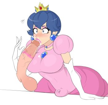 !? 2boys alternate_costume blue_hair breast_padding breasts bulge confused cosplay crossdressing crossdressing_(mtf) cum ejaculation fellatio fire_emblem fire_emblem:_mystery_of_the_emblem highres large_breasts lipstick_ring mario_(series) marth_(fire_emblem) multiple_boys nintendo oral princess_peach princess_peach_(cosplay) sealguy solo_focus yaoi