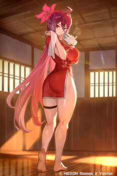 Rule 34 | 1girl, ass, barefoot, blue archive, breasts, china dress, chinese clothes, commentary request, copyright name, cup, dress, feet, from behind, full body, hair bun, halo, highres, holding, holding cup, lack, large breasts, legs, long hair, looking back, nexon, official art, red dress, red hair, red halo, reijo (blue archive), single side bun, soles, solo, sweat, thigh strap, thighs, toes, towel, yostar
