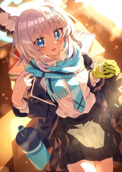 1girl animal_ears black_skirt blue_archive blue_eyes blue_jacket blue_scarf blush cat_ears cat_girl cowboy_shot flask fuji_tarawi gloves green_gloves halo highres indoors jacket medium_hair mismatched_irises scarf shiroko_(blue_archive) shirt skirt smile solo sunlight white_hair white_shirt
