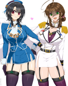 2girls beret black_gloves black_hair black_thighhighs blush breasts brown_hair chamumi_(mochiumee) cleavage cowboy_shot female_admiral_(kancolle) garter_straps gloves green_eyes hat highres jacket kantai_collection large_breasts looking_at_viewer military military_jacket military_uniform mole mole_on_breast multiple_girls open_mouth red_eyes short_hair smile takao_(kancolle) thighhighs thighs
