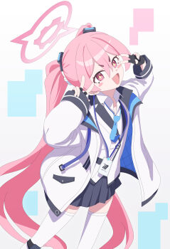 1girl absurdres black_gloves blue_archive blue_necktie blue_skirt double_v fingerless_gloves gloves hair_between_eyes halo highres jacket koyuki_(blue_archive) name_tag necktie nyan_(float_495) pink_eyes pink_hair pink_halo shirt skirt solo thighhighs thighs twintails v white_jacket white_shirt white_thighhighs