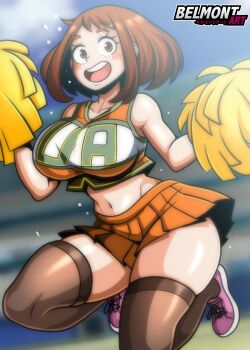 1girl absurdres artist_name bare_shoulders belmont_art blurry blurry_background blush_stickers boku_no_hero_academia breasts brown_eyes brown_hair brown_thighhighs commentary crop_top english_commentary highres holding holding_pom_poms large_breasts looking_at_viewer midriff navel open_mouth orange_skirt pink_shoes pleated_skirt pom_pom_(cheerleading) pom_poms shirt shoes short_hair skirt sleeveless sleeveless_shirt smile solo teeth thighhighs u.a._cheerleader_uniform upper_teeth_only uraraka_ochako