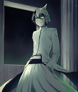 1boy arrancar black_hair bleach broken_helmet coat colored_skin commentary_request cowboy_shot curtains facial_mark green_eyes hands_in_pockets male_focus nigatsumikka skirt smile solo ulquiorra_cifer white_coat white_skin white_skirt window