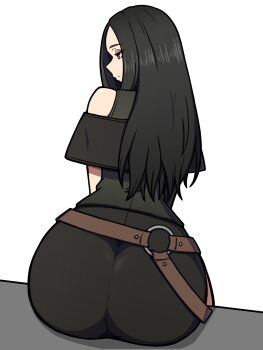 1girl arc_system_works ass black_hair dress eyeshadow guilty_gear guilty_gear_strive long_hair looking_back makeup nirade44 red_eyes sitting testament_(guilty_gear)