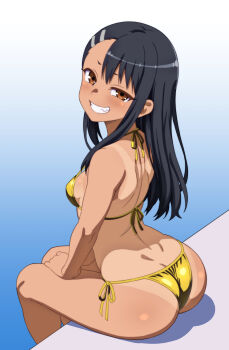 1girl asymmetrical_bangs bikini black_hair blush breasts brown_eyes fang from_side gold_bikini gradient_background grin hair_ornament hairclip herchi highres ijiranaide_nagatoro-san long_hair looking_at_viewer nagatoro_hayase one-piece_tan side-tie_bikini_bottom sideboob sitting small_breasts smile solo swimsuit tan tanline
