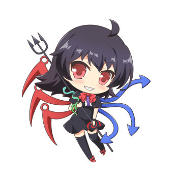 1girl black_dress black_hair black_thighhighs bow chibi commentary_request dress full_body grin holding holding_polearm holding_weapon houjuu_nue long_hair looking_at_viewer pitchfork polearm red_bow red_eyes red_shoes shino_megumi shoes short_sleeves simple_background smile solo thighhighs touhou weapon white_background