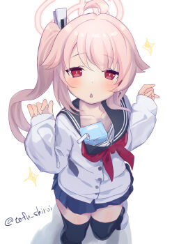 1girl ahoge artist_name black_thighhighs blue_archive blue_sailor_collar blue_skirt blush bright_pupils cardigan collarbone commentary_request drink_carton from_above hair_intakes hair_ornament halo highres long_sleeves looking_at_viewer microskirt milk_carton natsu_(blue_archive) neckerchief open_mouth partial_commentary pink_hair pink_halo red_eyes red_neckerchief sailor_collar shiroitefu side_ponytail simple_background skirt solo standing thighhighs white_background white_cardigan white_pupils zettai_ryouiki
