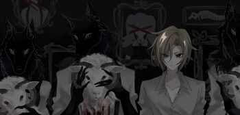 0w0_back 1boy 3others animal_costume animal_ears black_fur blonde_hair blood blood_on_clothes closed_mouth collarbone dark_background grey_eyes hair_between_eyes heterochromia highres horns hugo_vlad indoors looking_at_viewer mole mole_under_eye multiple_others painting_(object) partially_unbuttoned red_eyes sheep sheep_costume sheep_horns shirt sleeves_rolled_up upper_body white_shirt wolf wolf_ears zenless_zone_zero