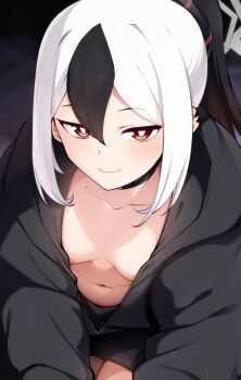 1girl black_choker black_hair black_horns black_jacket blue_archive breasts bright_pupils choker closed_mouth from_above hair_between_eyes halo highres hood hood_down hooded_jacket horns jacket kayoko_(blue_archive) looking_at_viewer multicolored_hair navel ponytail red_eyes small_breasts smile solo tsuki_tokage two-tone_hair white_hair white_halo white_pupils