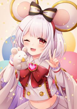 Rule 34 | 1girl, ;d, animal, animal ears, bow, cheese, commentary request, fake animal ears, food, granblue fantasy, grey hair, grey skirt, hair ornament, hairclip, hands up, highres, holding, holding animal, long sleeves, looking at viewer, midriff, mouse (animal), mouse ears, navel, one eye closed, open mouth, red bow, red eyes, simple background, skirt, smile, solo, stardrop, upper body, vikala (granblue fantasy), w
