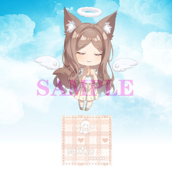 1girl angel angel_wings animal_ear_fluff animal_ears bang_dream! bang_dream!_it's_mygo!!!!! blue_sky brown_footwear brown_hair brown_tail casual chibi chibi_only chinese_commentary closed_eyes cloud cloudy_sky commentary_request curly_sidelocks detached_wings dotted_line facing_viewer floral_print floral_print_skirt full_body hair_intakes halo highres kemonomimi_mode light_blush long_hair maoerduo_meow nagasaki_soyo own_hands_together parted_bangs parted_lips print_skirt sample_watermark second-party_source shirt shirt_tucked_in short_sleeves sidelocks skirt sky smile socks square u_u watermark white_halo white_shirt white_socks white_wings wings yellow_skirt