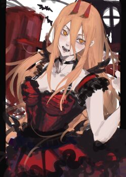 1girl alternate_costume bat_(animal) blonde_hair breasts chainsaw_man choker cross-shaped_pupils demon_girl demon_horns dress hair_between_eyes heart heart_choker hemokinesis highres horns kohaa_ku long_hair medium_breasts open_mouth power_(chainsaw_man) red_dress red_horns sharp_teeth solo symbol-shaped_pupils teeth yellow_eyes