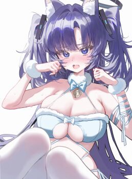 Rule 34 | 1girl, absurdres, alternate costume, animal ear fluff, animal ears, aqua bow, aqua bowtie, aqua ribbon, bell, black halo, blue archive, blush, bow, bow bra, bowtie, bra, breasts, cat ears, choker, commentary, fur-trimmed bra, fur choker, fur trim, fur wrist cuffs, hair ornament, halo, hands up, highres, knees up, large breasts, long hair, looking at viewer, mechanical halo, mochirong, neck bell, open mouth, paw pose, purple eyes, purple hair, ribbon, simple background, solo, sweat, triangle hair ornament, two side up, underwear, white background, white choker, wrist cuffs, yuuka (blue archive)