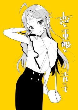 1girl absurdres arm_behind_head bag chihaya_senri closed_mouth collarbone commentary_request facial_mark forehead_mark greyscale_with_colored_background handbag highres koi_to_senrigan_to_aonisai long_hair ouchi_kaeru shirt skirt solo translation_request yellow_background