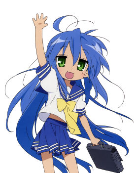 Rule 34 | 1girl, :3, absurdres, ahoge, anime coloring, arm at side, arm up, bag, black bag, blue hair, blue sailor collar, blue skirt, blue trim, bow, briefcase, cowboy shot, dot nose, green eyes, hair between eyes, happy, highres, holding, holding bag, holding briefcase, horiguchi yukiko, izumi konata, jitome, long hair, lucky star, messy hair, midriff peek, mole, mole under eye, navel, neckerchief, official art, open mouth, pleated skirt, puffy short sleeves, puffy sleeves, raised eyebrows, sailor collar, scan, school briefcase, school uniform, serafuku, short sleeves, sidelocks, simple background, skirt, solo, standing, tachi-e, third-party source, very long hair, waving, white background, white serafuku, wind, yellow bow, yellow neckerchief