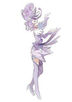 Rule 34 | 1girl, absurdres, boots, bow, choker, commentary request, cure sword, curly hair, detached sleeves, dokidoki! precure, dress, highres, kenzaki makoto, looking up, magical girl, medium hair, morgue (southsakura), precure, profile, purple bow, purple choker, purple dress, purple eyes, purple hair, purple sleeves, purple thighhighs, short dress, side ponytail, simple background, solo, thigh boots, thighhighs, waist bow, white background, zettai ryouiki